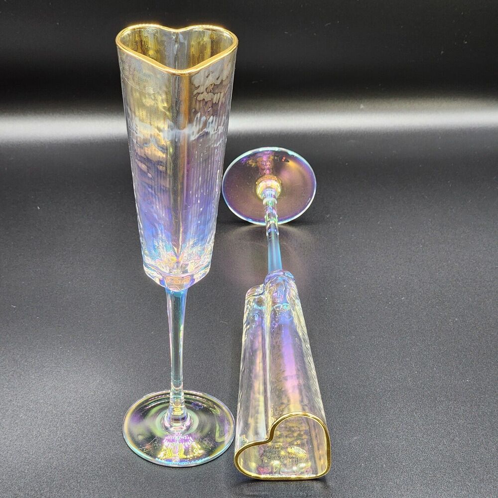 Heart Shape Gold‎ Rimmed Iridescent Champagne Flute Glass Drinkware 5oz Set Of 2